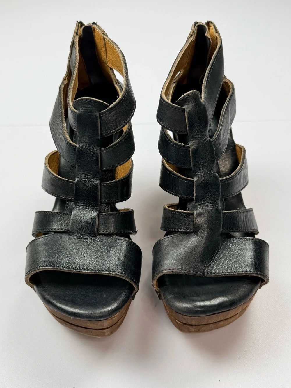 Bed|Stu Black Leather Platform Sandals Wooden Heel Gladiator Size 7 Made Mexico